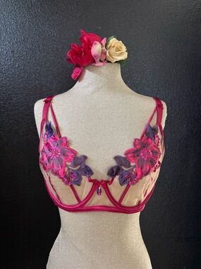 Sheer Floral Embroidered Bralette - Pink & Purple